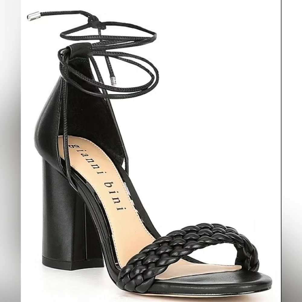 Wedding Guest Shoes Black Leather Strappy Modern Block Heel Size 10 New